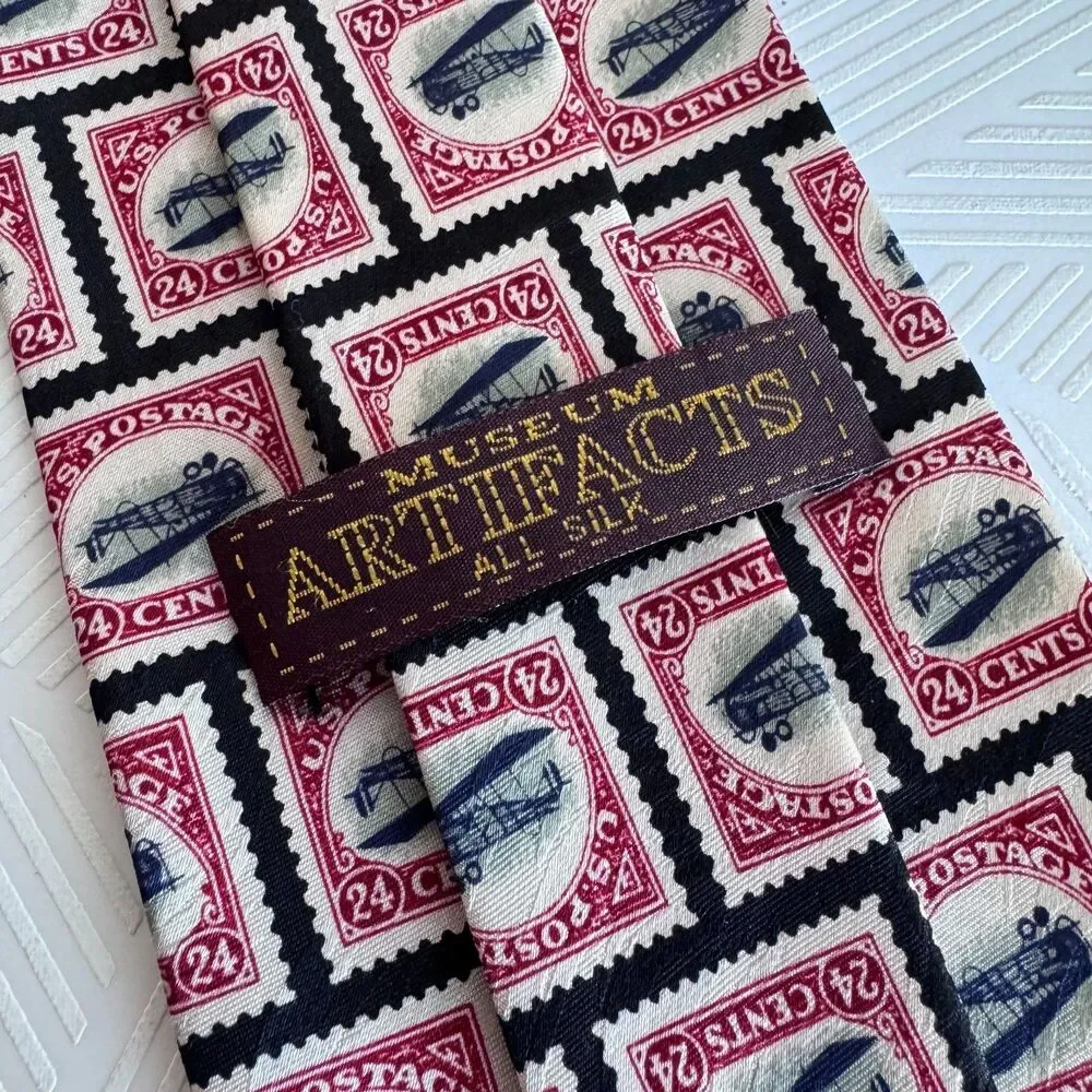 Vintage Museum Artifacts Jenny Airplane 24 Stamp Silk Neck Tie Inverted